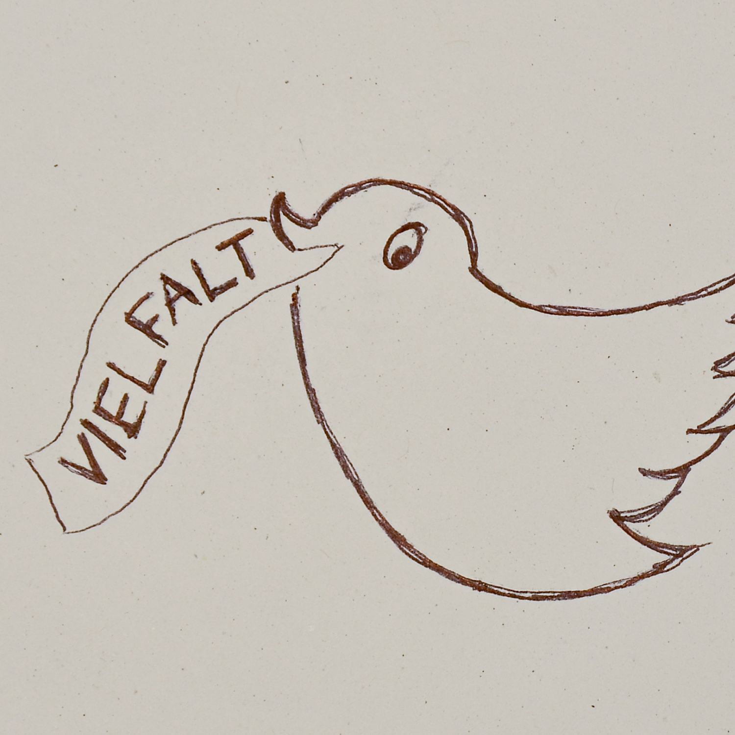 Zeichnung eines Vogels mit Bändchen im Schnabel, auf dem "Vielfalt" steht