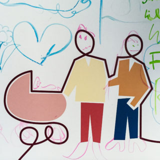 Illustration mit zwei Menschen und einem Kinderwagen