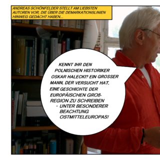 Andreas Schünfelder stellt am liebsten Autoren vor, die über die Demarkationslinien hinweg gedacht haben. Er hält eine Karte Europa hoch, auf der die Region Ostmitteleuropa markiert ist – die Region zwischen Deutschland und Russland. Er fragt: „Kennt ihr den polnischen Historiker Oskar Halecki (sprich: Haletzki)? Ein großer Mann, der versucht hat, eine Geschichte der europäischen Großregion zu schreiben – unter besonderer Beachtung Ostmitteleuropas!“