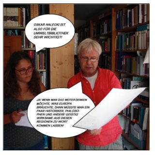 Die Redakteurin Lea Seitz fragt: „Oskar Halecki ist also für die Umweltbibliothek sehr wichtig?“ Andreas Schönfelder antwortet: „Ja! Wenn man das weiterdenken möchte, was Europa bräuchte, dann müsste man ein paar Historiker, Philosophen und andere geistig Wirksame aus diesen Regionen zu Wort kommen lassen!“