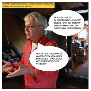 Die Umweltbibliothekt liefert auch in den polnischen Widerstand Einblick. Oder in den tschechischen, bulgarischen, slowenischen, rumänischen, ungarischen, usw. usf.. Im mittlerweile dritten Bibliotheksraum erzählt Schönfelder: „In Polen gab es im Widerstand auch eine eigene Post mit eigenen Briefmarken – und die Briefe sind angekommen! Weil in der Solidarność waren zehn Millionen Menschen – und nicht wie in der DDR zwei Tausend!“