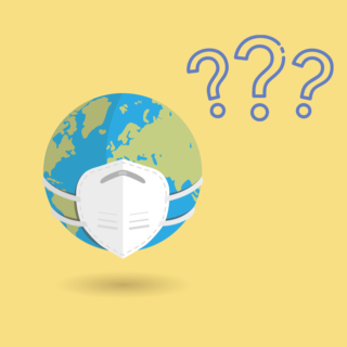 Die Illustration zeigt die Erdkugel mit einer FFP2 Maske auf und drei blauen Fragezeichen schräg rechts über der Erde. Der Hintergrund ist pastellgelb.